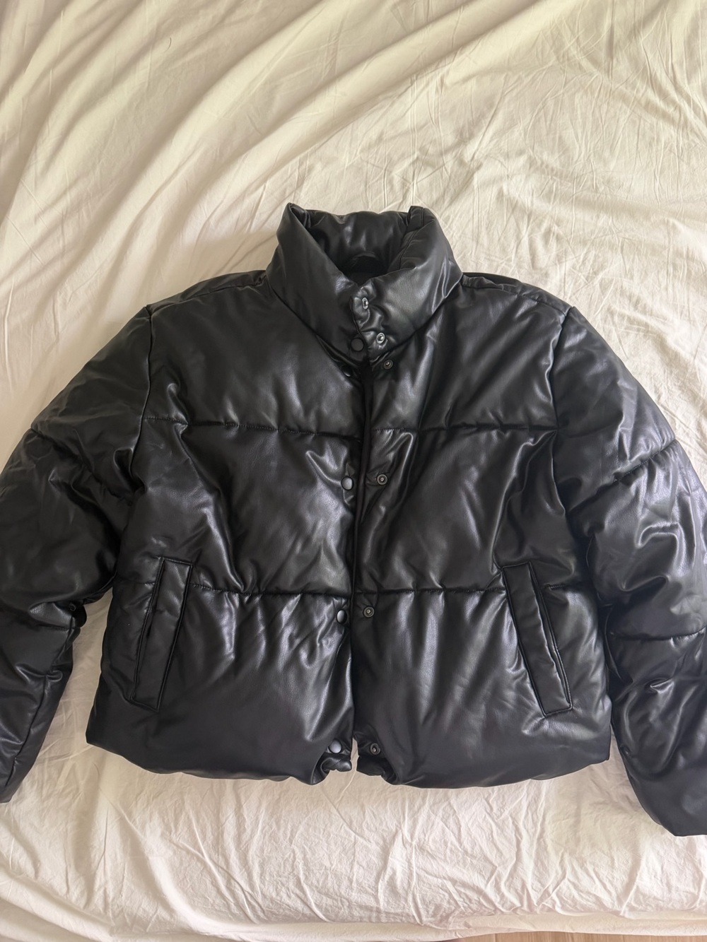 Old navy faux leather black puffer jacket